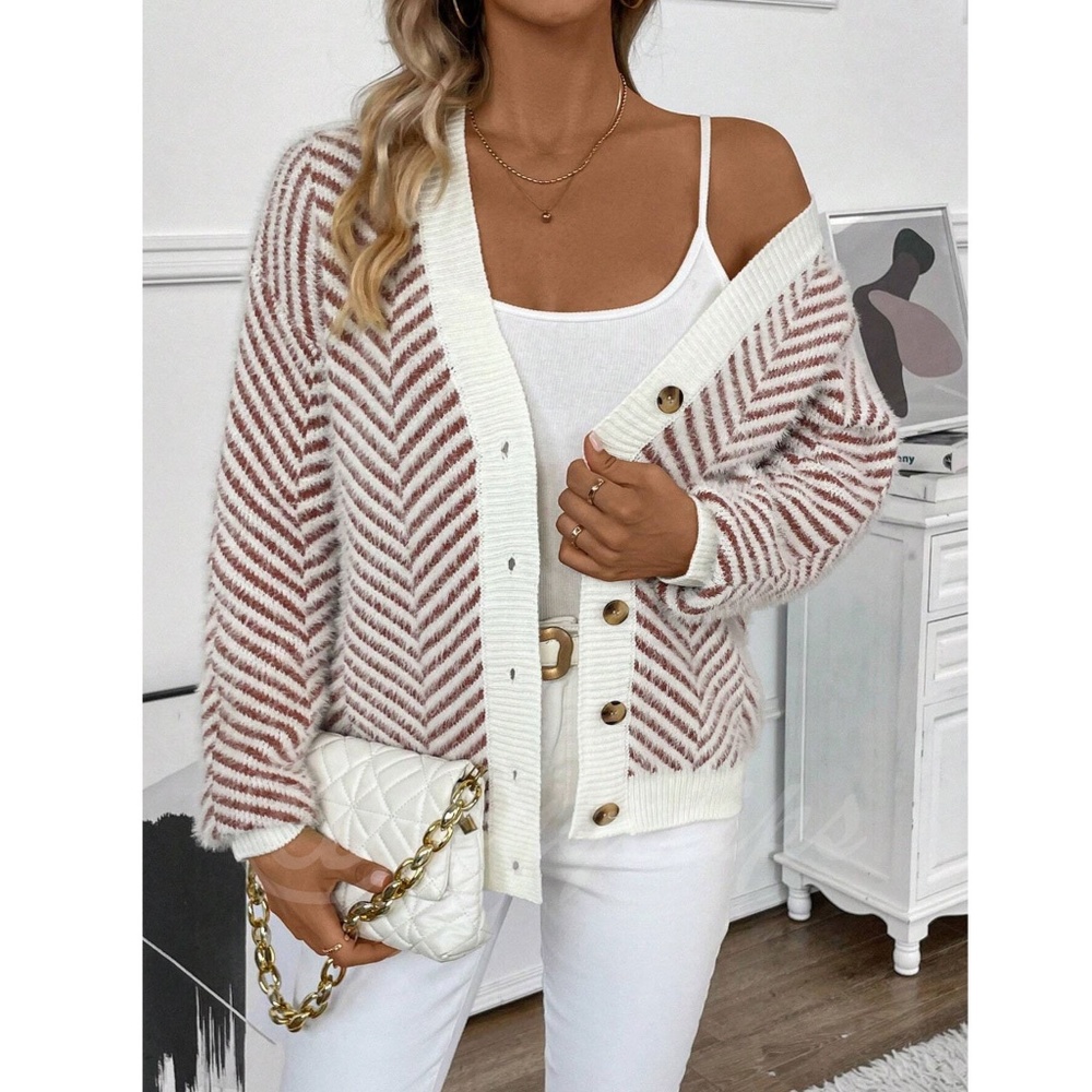 Fuzzy Chevron Brown & Off White Button Up Cardigan Long Sleeve V-Neck - Picture 2 of 7